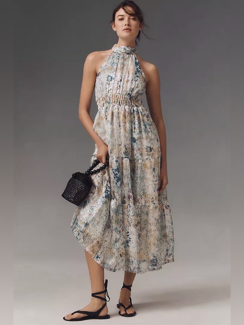 Anthropologie Multicolor Floral Halter Sleeveless Smocked Lined Maxi Dress S
